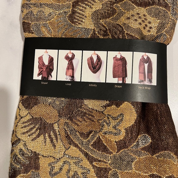 Pashmina style Scarf Rich Gold Brown Cream Olive Green Thread Rich Beautiful NWT - Picture 4 of 8